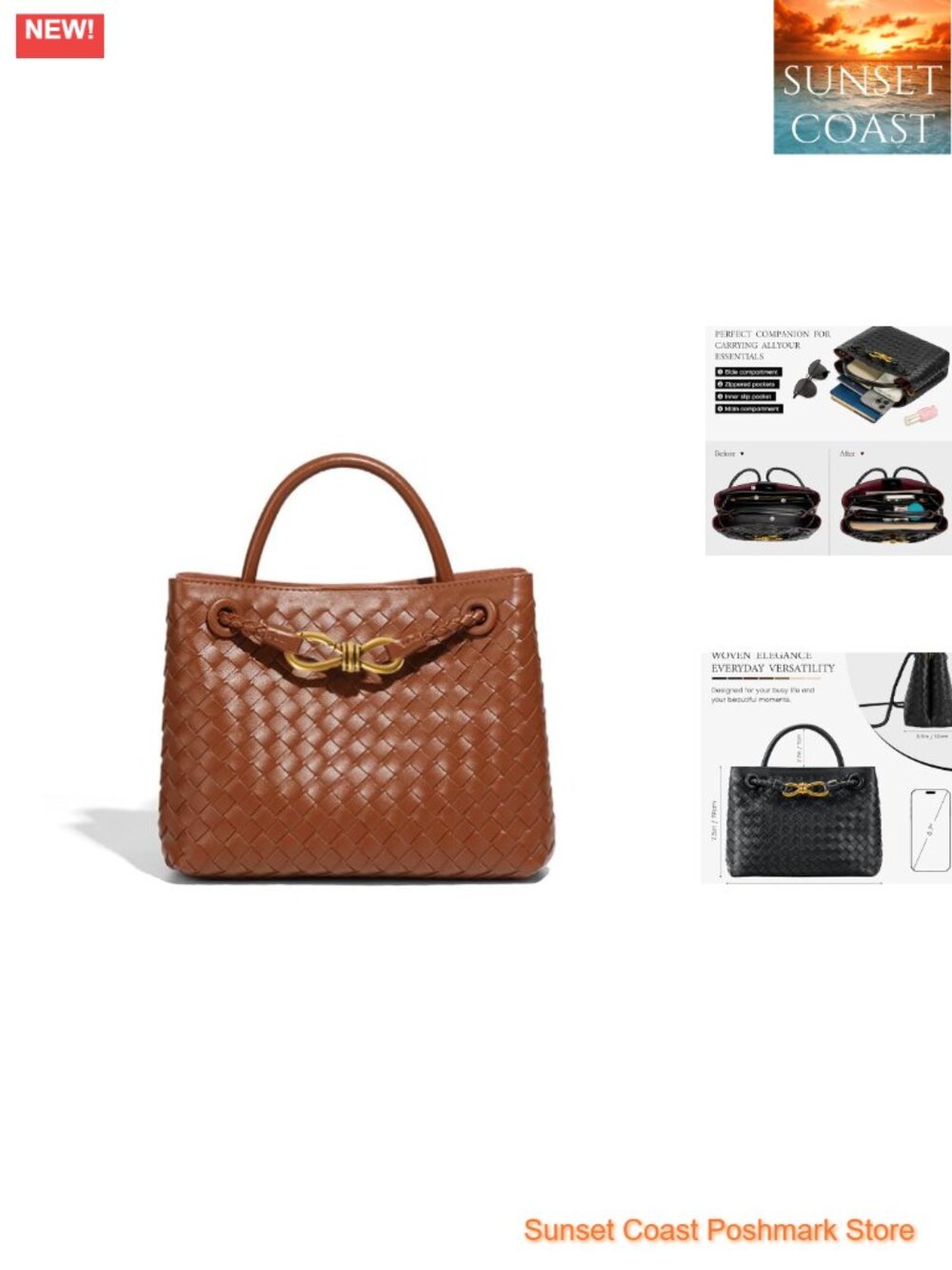 Woven Tote Bag PU Leather Top Handle Shoulder Handbag